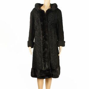Vintage 40s 1940s Black Persian Lamb Coat Dark Brown Mink Fur Collar Trim Coat
